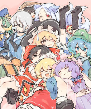 1boy 2gousu 6+girls affectionate_harem ajirogasa alice_margatroid animal_ears ascot black_choker black_hat blonde_hair blood blue_dress blue_eyes blue_hair blue_hat boots bow bowtie brown_boots brown_eyes brown_hair choker closed_eyes closed_mouth comedic_sweatdrop commentary_request crescent crescent_hat_ornament crossed_arms crystal crystal_wings cucumber detached_sleeves dog_ears dog_girl dog_tail doll dress eating flandre_scarlet food_in_mouth frilled_bow frilled_hair_tubes frills glasses green_eyes green_hair green_hat green_skirt grey_hair hair_bow hair_tubes hakurei_reimu hat hat_ornament highres interlocked_fingers kawashiro_nitori kirisame_marisa long_hair matara_okina mima_(touhou) mitsugashira_enoko mob_cap morichika_rinnosuke multicolored_wings multiple_girls multiple_tails nose_bubble nosebleed one_eye_closed orange_tabard own_hands_together patchouli_knowledge pink_hat purple_dress purple_hair red_bow red_eyes red_skirt red_vest ribbon-trimmed_sleeves ribbon_trim shanghai_doll short_hair skirt skirt_set striped_clothes striped_dress sun_print tabard tail touhou touhou_(pc-98) two_side_up vertical-striped_clothes vertical-striped_dress vest white_hat wings witch_hat wizard_hat yatadera_narumi yellow_ascot yellow_bow yellow_bowtie yellow_eyes