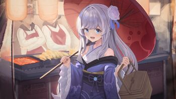 Rule 34 | 3girls, absurdres, adina savic, bare shoulders, basket, black sash, black survival, blue eyes, blue kimono, blue ribbon, commentary request, commission, eternal return: black survival, flower, food, food stand, frilled kimono, frills, hair flower, hair ornament, hair ribbon, highres, holding, holding basket, holding umbrella, japanese clothes, kimono, lantern, long hair, multiple girls, obi, off shoulder, pixiv commission, poe (kyaag4), red umbrella, ribbon, sash, solo focus, umbrella, white hair, wide sleeves