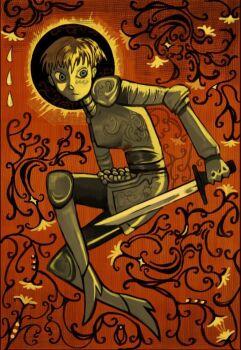 1girl armor armored_boots black_halo black_pants blood blood_on_armor blue_eyes blush boots bowl_cut breastplate breasts closed_mouth couter cuirass d'arce_(fear_&amp;_hunger) eclipse engraved_armor faulds fear_&amp;_hunger_(series) fear_&amp;_hunger_1 full_body gauntlets gloves gorget greaves halo high_heel_boots high_heels holding holding_blade holding_sword holding_weapon knee_boots knight left-handed light_frown looking_to_the_side metal_gloves no_eyebrows orange_hair pants pauldrons plate_armor pointy_breasts poleyn red_background rerebrace shoes short_hair short_sword shoulder_armor solo sword very_short_hair warrior weapon