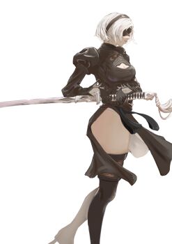 1girl 2b_(nier:automata) black_boots black_dress black_gloves black_hairband black_thighhighs blindfold boots breasts cleavage cleavage_cutout closed_mouth clothing_cutout commentary_request cowboy_shot dress feather-trimmed_sleeves from_side gloves hairband highres holding holding_sword holding_weapon juliet_sleeves lips long_sleeves medium_breasts nier:automata nier_(series) painapo0731 parted_lips pink_lips profile puffy_sleeves sheath sheathed short_hair simple_background solo sword thigh_boots thighhighs thighhighs_under_boots thighs turtleneck turtleneck_dress walking weapon white_background white_hair