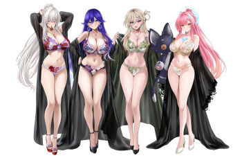 1girl 2girls :i aemeath_(wuthering_waves) ahoge alternate_breast_size_(larger) armpits arms_up bare_legs bare_shoulders black_shoes blush bra breasts cleavage closed_mouth coat collarbone colored_eyelashes commentary cowboy_shot earrings embroidered_bra embroidered_panties floral_print full_body green_bra green_panties hair_between_eyes hair_ornament hair_tie_in_mouth hands_up high_heels highres hiyuki_(wuthering_waves) holding holding_stuffed_toy huge_breasts jewelry large_breasts legs long_hair looking_at_viewer lucilla_(wuthering_waves) lynae_(wuthering_waves) m_(1n910) merchandise_available mole mole_under_eye mouth_hold multi-strapped_panties multiple_girls navel off_shoulder open_mouth orange_eyes panties pink_hair ponytail purple_bra purple_eyes purple_hair purple_panties red_eyes shoes simple_background skull_hair_ornament smile solo standing star-shaped_pupils star_(symbol) star_earrings stomach stuffed_animal stuffed_cat stuffed_toy symbol-shaped_pupils tacet_mark_(wuthering_waves) tachi-e thigh_gap thighs underwear underwear_only very_long_hair white_background white_bra white_eyelashes white_hair white_shoes wuthering_waves