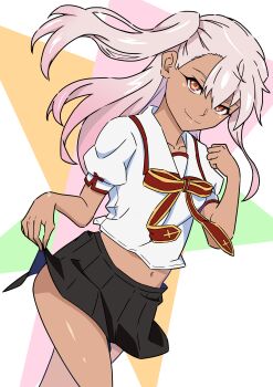 Rule 34 | 19 chisinlo, 1girl, absurdres, black skirt, breasts, chloe von einzbern, collared shirt, dark-skinned female, dark skin, fate/kaleid liner prisma illya, fate (series), hair between eyes, highres, homurabara academy elementary school uniform, long hair, looking at viewer, midriff, navel, neck ribbon, one side up, orange eyes, pink hair, pleated skirt, puffy short sleeves, puffy sleeves, red ribbon, revision, ribbon, sailor collar, school uniform, shirt, short sleeves, sidelocks, skirt, small breasts, smile, solo, thighs, white sailor collar, white shirt