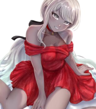 1girl between_legs black_ribbon blonde_hair blurry blurry_background breasts choker cleavage collarbone commentary_request dark-skinned_female dark_skin dress grey_eyes grin hair_ribbon hand_between_legs head_tilt highres kawana_tsubasa long_hair looking_at_viewer medium_breasts nn_2jy ponytail red_choker red_dress ribbon sitting smile solo the_hundred_line_-last_defense_academy- wariza