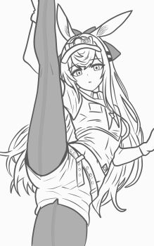 1girl animal_ears arknights belt collar commentary gloves greyscale hair_between_eyes hair_ornament hair_ribbon hairclip hat highres leg_up long_hair looking_at_viewer lucia_(luciatehe) midriff_peek monochrome pantyhose parted_lips rabbit_ears rabbit_girl ray_(arknights) ribbon shirt short_shorts short_sleeves shorts simple_background split standing standing_on_one_leg standing_split t-shirt visor_cap