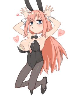 1girl absurdres animal_ears armpits blue_eyes blush breasts heart heart_print highres jumping large_breasts leotard long_hair michinoku_komaro oppai_loli playboy_bunny rabbit_ears rabbit_girl seitokai_ni_mo_ana_wa_aru! simple_background white_background yana_(muuimiingan)