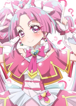 Rule 34 | 1girl, ?, ai wa muteki, bow, bowtie, braid, brooch, capelet, closed mouth, commentary request, cure mystique, dress, earrings, fingerless gloves, gloves, hair bow, hair ornament, hair ribbon, head tilt, heart, heart brooch, heart hair ornament, high collar, index fingers raised, jewelry, kobayashi mikuru, long hair, looking at viewer, magical girl, meitantei precure!, pact holder, parted bangs, partial commentary, pink hair, pink ribbon, precure, purple eyes, red bow, red bowtie, red capelet, red dress, ribbon, sleeveless, sleeveless dress, smile, solo, standing, twin braids, white gloves