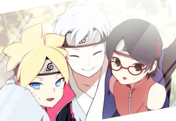1girl 2boys :d arms_around_neck black_eyes black_hair black_jacket blonde_hair blue_eyes boruto:_naruto_next_generations closed_eyes closed_mouth dress facial_mark forehead_protector grey_hair jacket konohagakure_symbol long_sleeves looking_at_viewer mitsuki_(naruto) multiple_boys naruto_(series) nipye open_mouth red_dress short_hair sleeveless sleeveless_dress smile sweatdrop uchiha_sarada uzumaki_boruto whisker_markings