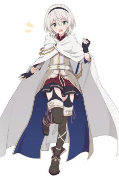 Rule 34 | 1girl, :d, absurdres, amnesia (majo no tabitabi), belt, black gloves, black hairband, black skirt, black thighhighs, blush, boots, cape, cloak, fingerless gloves, full body, gloves, green eyes, grey hair, hair between eyes, hairband, hand up, highres, leg up, looking at viewer, majo no tabitabi, open mouth, shiroirosky, short hair, simple background, skirt, smile, solo, standing, standing on one leg, sword, thighhighs, weapon, white background, white cape, white cloak, white hair