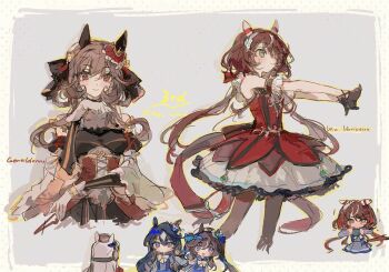 5girls :d animal_ears apple_da-ze aqua_ribbon bare_shoulders black_dress black_gloves blue_hair blue_ribbon bow bowtie brown_hair character_name closed_mouth detached_sleeves diamond_(shape) dress ear_bow ear_covers ear_ornament gentildonna_(regina_dei_fiori)_(umamusume) gentildonna_(umamusume) gloves gold_ship_(umamusume) green_eyes grey_background grey_hair hair_ribbon hair_rings hat head_tilt highres horse_ears horse_girl long_hair long_sleeves looking_ahead looking_at_viewer multicolored_hair multiple_girls open_mouth outstretched_arms pillbox_hat purple_bow purple_shirt purple_skirt red_dress red_eyes red_hair ribbon shirt skirt sleeveless sleeveless_dress smile streaked_hair stretching twintails two-tone_dress two_side_up umamusume verxina_(umamusume) very_long_hair vivlos_(umamusume) white_bow white_bowtie white_gloves white_hair white_hat win_variation_(dramatic_tutu)_(umamusume) win_variation_(umamusume) winter_uniform