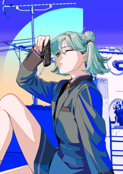 1girl ;( absurdres aqua_eyes aqua_hair black_jacket blue_skirt camera closed_mouth commentary hair_bun hashtag-only_commentary hatsune_miku highres holding holding_camera jacket one_eye_closed short_hair sitting skirt solo tanaka_hirotaka utility_pole vocaloid
