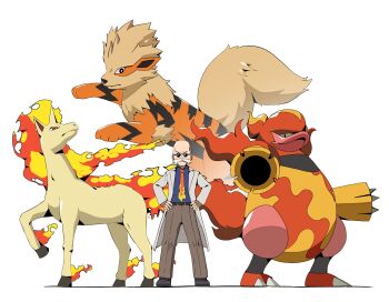 Rule 34 | 1boy, arcanine, bald, blaine (pokemon), blue shirt, brown pants, coat, collared shirt, facial hair, gen 1 pokemon, gen 4 pokemon, hands on own hips, hashtag-only commentary, highres, long sleeves, looking at viewer, magmortar, male focus, mustache, necktie, nintendo, open clothes, open coat, orange necktie, pants, pokemon, pokemon (creature), pokemon lgpe, psaber97, rapidash, shirt, shoes, standing, sunglasses, white background