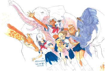 4girls :d animal bird black_hair blush brown_eyes closed_eyes concept_art dark-skinned_female dark_skin elena_(street_fighter) elephant game_cg giraffe glasses hair_ornament hairclip highres lion midriff monkey multiple_girls narumi_(street_fighter) nishimura_kinu non-web_source official_art open_mouth rhinoceros school_uniform serafuku short_hair smile street_fighter street_fighter_iii_(series) teeth tiger upper_teeth_only waving white_hair