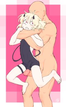 2boys androgynous bald barefoot blonde_hair border bulge demon_boy demon_horns demon_tail erection faceless faceless_male feet headlock held_up horns imminent_penetration imminent_rape leotard male_focus medium_hair multiple_boys nemge original penis penis_size_difference red_eyes restrained shota tail trap twintails yaoi