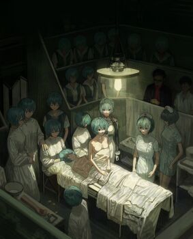 2boys 6+girls aqua_gloves aqua_hair ayanami_rei black_hair bodysuit bowl clone commentary dress expressionless faceless father_and_son gloves hand_on_another&#039;s_shoulder hanging_light hat highres ikari_gendou ikari_shinji ikuta41 indoors interface_headset_(evangelion) latex latex_gloves light_bulb looking_at_another mecha_pilot_suit medical_scrubs multiple_boys multiple_girls multiple_persona neon_genesis_evangelion no_eyes nurse nurse_cap operating_table plugsuit_(evangelion) red_eyes school_uniform short_hair surreal table tokyo-3_middle_school_uniform white_bodysuit white_dress white_hat