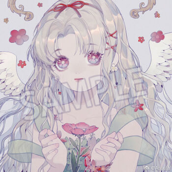 1girl angel angel_wings asuuta closed_mouth collarbone commission dress earrings expressionless eyelashes feathered_wings fingernails flower flower_earrings green_dress grey_background grey_hair grey_pupils hair_ornament hair_ribbon hairclip hanafuda_earrings jewelry light_blush lipstick long_hair long_sidelocks looking_at_viewer makeup original pale_skin parted_bangs pink_lips red_eyes red_flower red_ribbon ribbon sample_watermark sidelocks sleeveless sleeveless_dress solo spread_wings upper_body very_long_hair watermark wavy_hair weibo_watermark white_flower white_wings wings x_hair_ornament