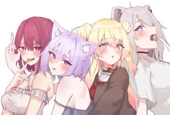 4girls animal_ears black_choker breasts brown_cardigan camisole cardigan cat_ears cat_girl choker commentary_request dress earrings fukuroekaki grey_camisole grey_eyes grey_hair halterneck heart heart-shaped_pupils heterochromia highres hololive houshou_marine houshou_marine_(roomwear) jewelry large_breasts lion_ears lion_girl long_hair looking_at_viewer medium_hair momosuzu_nene momosuzu_nene_(casual) multiple_girls nekomata_okayu nekomata_okayu_(8th_costume) purple_eyes purple_hair red_eyes shirt shishiro_botan shishiro_botan_(midnight_convenience_store) sideboob symbol-shaped_pupils tongue tongue_out two_side_up virtual_youtuber white_dress white_shirt yellow_eyes