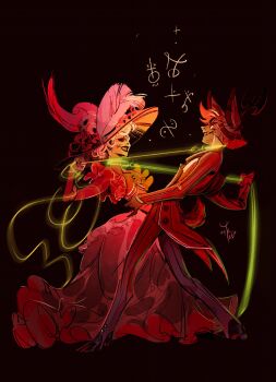 1boy 1girl alastor_(hazbin_hotel) black_shoes commentary_request dancing demon demon_girl dress formal_clothes hat hazbin_hotel hellaverse high_heels highres holding_hands leash leash_pull pants red_hair red_pants red_suit rosie_(hazbin_hotel) shoes stacy_yarche suit sun_hat white_hair