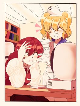2girls blonde_hair blue_sailor_collar braid computer computer_keyboard crt hat highres holding holding_paper kitashirakawa_chiyuri long_braid long_hair monitor multiple_girls okazaki_yumemi open_mouth paper red_hair red_vest retro_artstyle sailor sailor_collar sailor_hat short_hair shorts smile takemoto_izumi_(style) teardrop touhou touhou_(pc-98) turtle-kun twintails vest