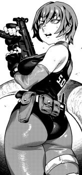 Rule 34 | 1girl, ass, belt, belt pouch, breasts, cowboy shot, dino crisis, fingerless gloves, from side, gloves, greyscale, gun, h&amp;k mp5k, hair between eyes, handgun, highres, holding, holding gun, holding weapon, holstered, ireading, large breasts, leotard, looking to the side, monochrome, open mouth, pouch, regina (dino crisis), short hair, skin tight, solo, standing, submachine gun, sweat, tail, thigh strap, walkie-talkie, weapon
