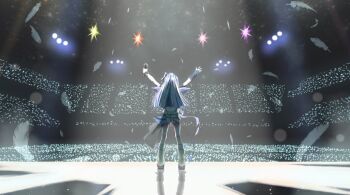 1girl amane_kanata arm_warmers artist_request black_shirt black_shoes blue_hair cropped_shirt feathered_wings from_behind holding holding_microphone hololive leg_warmers microphone multicolored_hair outstretched_arms shirt shoes short_sleeves shorts single_arm_warmer spread_arms stage two-tone_hair virtual_youtuber white_hair white_leg_warmers white_shorts wings