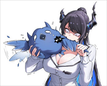 1girl afterimage asymmetrical_horns bird biting black_eyes black_flower black_hair black_horns blue_hair breasts colored_inner_hair commentary constricted_pupils crying demon_horns english_commentary flower flying_sweatdrops highres holding hololive hololive_english horn_flower horns jailbird_(nerissa_ravencroft) large_breasts long_hair long_sleeves mole mole_under_eye motion_lines multicolored_hair nerissa_ravencroft nerissa_ravencroft_(casual) office_lady official_alternate_costume official_alternate_hairstyle shirt simple_background solo tears twitter_username two-tone_hair uneven_horns upper_body v-shaped_eyebrows very_long_hair virtual_youtuber white_background white_shirt wide-eyed yubaest