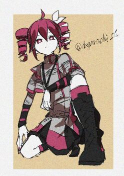 Rule 34 | 1girl, ahoge, black boots, black socks, boots, closed mouth, collared shirt, degarashi 01, drill hair, frown, grey shirt, grey skirt, hair ribbon, kasane teto, kasane teto (sv), kneeling, lace-up boots, layered shirt, long sleeves, looking at viewer, red eyes, red hair, ribbon, shirt, skirt, socks, solo, synthesizer v, twin drills, twitter username, white ribbon