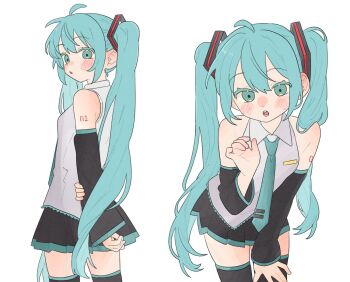 1girl :o ahoge aqua_eyes aqua_hair arm_tattoo bare_shoulders black_skirt black_thighhighs blush detached_sleeves hand_on_own_arm hand_on_own_thigh hatsune_miku highres leaning_forward long_hair looking_at_viewer looking_back miniskirt multiple_views necktie ofo_j1 shirt sidelocks simple_background skirt tattoo thighhighs twintails vocaloid white_background white_shirt zettai_ryouiki
