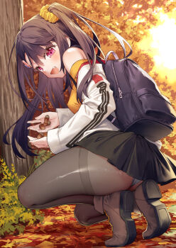 1girl :d autumn black_pantyhose black_skirt commentary_request fang hair_ornament hair_scrunchie heart heart_hair_ornament munakata_hinano open_mouth original outdoors panties panties_under_pantyhose pantyhose pink_eyes scrunchie skirt smile solo squatting tokuno_yuika tree underwear yellow_scrunchie