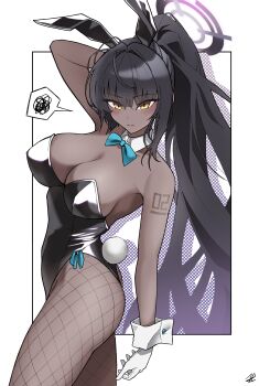 Rule 34 | 1girl, absurdres, animal ears, aqua bow, aqua bowtie, bare shoulders, black hair, black halo, black leotard, blue archive, bow, bowtie, breasts, commentary request, detached collar, fake animal ears, fishnets, gloves, halo, highres, jiho (artist), karin (blue archive), karin (bunny) (blue archive), large breasts, leotard, long hair, multicolored halo, official alternate costume, playboy bunny, ponytail, purple halo, rabbit ears, rabbit tail, simple background, solo, speech bubble, tail, white gloves, yellow eyes
