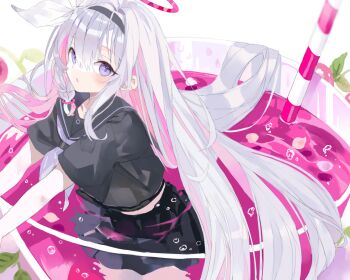 1girl air_bubble black_hairband black_sailor_collar black_serafuku black_shirt black_skirt blue_archive blush bow braid bubble colored_inner_hair cup drink drinking_glass drinking_straw expressionless hair_bow hair_flowing_over hairband halo in_container in_cup long_hair looking_at_viewer marant38 midriff_peek miniskirt multicolored_hair neckerchief outstretched_arms parted_lips partially_submerged pink_hair pink_halo pink_pupils pink_theme plana_(blue_archive) pleated_skirt purple_eyes refraction ring_hair_ornament sailor_collar sailor_shirt school_uniform serafuku shirt short_sleeves side_braid sidelocks sideways_glance skirt solo traditional_halo two-tone_hair very_long_hair white_background white_bow white_neckerchief