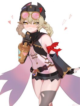 1girl black_gloves black_hat black_thighhighs blonde_hair braid braided_hair_rings breasts closed_mouth eyewear_on_head fingerless_gloves genshin_impact gloves goggles goggles_on_head hair_rings hat highres jahoda_(genshin_impact) maimai69 mechanical_arms shirt single_thighhigh small_breasts star-shaped_pupils star_(symbol) symbol-shaped_pupils thighhighs torn_clothes torn_thighhighs white_shirt yellow_eyes