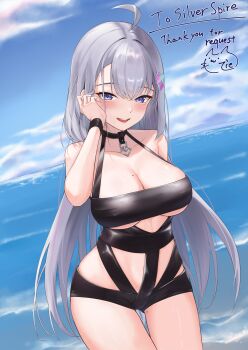 1girl absurdres ahoge bare_shoulders blue_eyes blush breasts cleavage cloud collarbone commissioner_name ember_amane grey_hair highres ilie_ilie long_hair mole mole_on_breast mole_on_thigh mole_under_eye multicolored_hair ocean open_mouth phase_connect pink_hair sky smile solo streaked_hair teeth thigh_gap upper_teeth_only virtual_youtuber