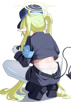 1girl armband back black_hat black_shorts black_tail blue_archive blue_armband boots butt_crack crop_top demon_tail downpants from_behind full_body gloves green_hair green_halo halo hat nozomi_(blue_archive) highres long_hair looking_at_object nape panties pantyhose pantyshot peaked_cap pointy_ears polka_dot polka_dot_panties sashu_(thershr6s) shako_cap short_shorts shorts simple_background solo squatting tail twintails underwear white_background white_gloves white_panties white_pantyhose