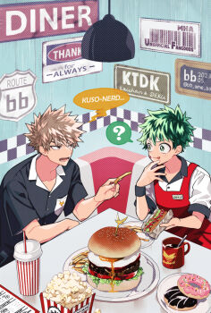 2boys :q ? acronym all_might alternate_costume alternate_hair_color apron artist_name bacon bakugou_katsuki barcode black_shirt boku_no_hero_academia booth_seating breast_pocket brown_hair bucket burger buttons character_logo character_name closed_mouth collared_shirt copyright_name cup dated diner disposable_cup donut dress_shirt egg_yolk employee_uniform english_text eye_contact eyebrows_hidden_by_hair fast_food fast_food_uniform food food_on_face freckles french_fries fried_egg frown green_eyes green_hair hair_between_eyes halftone halftone hand_to_own_mouth hands_up highres holding holding_food hot_dog hot_dog_bun indoors ketchup lettuce looking_at_another looking_to_the_side lower_teeth_only male_focus meat menu midoriya_izuku mixed-language_text mug multiple_boys name_tag open_mouth pixiv_username plate pocket popcorn raised_eyebrow red_apron red_eyes romaji_text sanpaku shirt short_hair sideways_glance sign sitting sleeve_cuffs soda speech_bubble spoken_question_mark sprinkles steak table talking teeth tomato tomato_slice tongue tongue_out toothpick twitter_username ume_(326310) upper_body v-shaped_eyebrows white_shirt wrapper