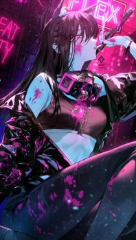 1girl animal_ear_fluff animal_ears arknights bare_shoulders black_hair black_jacket black_pants black_tank_top bracelet breasts cigarette crop_top highres holding holding_sword holding_weapon jacket jewelry long_hair looking_at_viewer mask midriff navel paint_on_body paint_on_clothes pants respirator smoking solo sword tank_top team.achv texas_(arknights) twitter_username weapon wolf_ears wolf_girl yellow_eyes