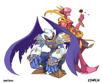 Rule 34 | armor, digimon, digimon (creature), digimon frontier, dragon, dynasmon, flower, full armor, highres, lordknightmon, red eyes, rose, royal knights, shield, wings