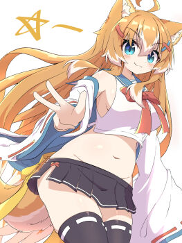 Rule 34 | 1girl, :3, ahoge, animal ear fluff, animal ears, aqua eyes, belly, black skirt, black thighhighs, blue sailor collar, bow, bowtie, breasts, cowboy shot, cropped shirt, groin, hair between eyes, hair ornament, hairclip, highres, jacket, jacket partially removed, large breasts, light blush, long hair, looking at viewer, miniskirt, multicolored hair, navel, open clothes, open jacket, orange hair, original, pleated skirt, red bow, red bowtie, red ribbon, ribbon, ribbon-trimmed sleeves, ribbon-trimmed thighhighs, ribbon trim, sailor collar, shirt, side slit, sidelocks, simple background, skindentation, skirt, sleeveless, sleeveless shirt, smile, solo, star (symbol), tail, thighhighs, toramaru2001710, two-tone hair, v-shaped eyebrows, very long hair, w, white background, white hair, white jacket, white shirt, wide sleeves, x hair ornament, yellow bow, zettai ryouiki