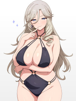 1girl absurdres arm_under_breasts bare_arms black_one-piece_swimsuit blue_eyes breasts brown_hair cleavage closed_mouth commentary_request cowboy_shot earrings finger_to_mouth gradient_background grey_background hair_between_eyes highres jewelry jiuyuan_(nte) large_breasts long_hair looking_at_viewer mei_ichi neverness_to_everness o-ring o-ring_one-piece_swimsuit one-piece_swimsuit smile solo standing swimsuit thighs very_long_hair