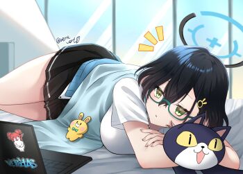 1girl black_hair black_skirt blue_archive blue_halo breasts chihiro_(blue_archive) commentary_request computer cowboy_shot hair_ornament halo highres indoors laptop large_breasts lying medium_hair miniskirt nazomaki_(blue_archive) notice_lines on_bed pleated_skirt rabbit_hair_ornament shirt skirt solo stuffed_animal stuffed_toy thighs twitter_username vent_vert_(kuuya) wavecat_(blue_archive) white_shirt window