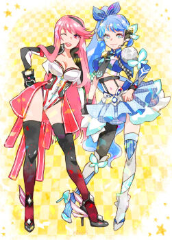 2girls argyle_clothes argyle_skirt armor asymmetrical_legwear asymmetrical_sleeves belt black_belt black_gloves black_hairband black_jacket black_necktie black_pantyhose black_shoes black_thighhighs blue_bow blue_collar blue_eyes blue_fantasy_(miracle_nikki) blue_hair blue_shirt blue_skirt blue_sleeves blue_theme border bow breasts butterfly_hair_ornament checkered_background chest_belt cleavage closed_mouth collar collared_jacket commentary_request detached_collar dot_nose eyelashes feather-trimmed_skirt full_body gloves gradient_thighhighs grey_belt grey_ribbon grey_shirt grey_shoes grey_sleeves hair_bow hair_ornament hair_ribbon hairband hand_on_own_hip happy high-waist_skirt high_collar high_heels high_side_ponytail hino_(8) jacket large_breasts leotard long_hair long_sidelocks long_sleeves midriff miniskirt miracle_nikki mismatched_legwear mismatched_sleeves multicolored_hair multicolored_jacket multiple_girls navel necktie nikki_(series) one_eye_closed open_clothes open_jacket open_mouth pantyhose pauldrons pink_eyes pink_hair pink_skirt pleated_skirt puffy_short_sleeves puffy_sleeves red_thighhighs ribbed_skirt ribbon round_border s-head_sensei sensei_(blue_archive) shirt shoes short_sleeves shoulder_armor showgirl_skirt sidelocks single_leg_pantyhose single_pauldron single_stripe single_thighhigh skirt small_breasts smile standing star_(symbol) stiletto_heels straight_hair strapless strapless_leotard strapless_shirt streaked_hair striped_bow striped_clothes striped_collar striped_thighhighs swept_bangs teeth thighhighs tie_clip track_blazer_(miracle_nikki) two-tone_jacket two-tone_shirt two-tone_sleeves two-tone_thighhighs upper_teeth_only vertical-striped_clothes vertical-striped_thighhighs very_long_hair wavy_hair white_border white_jacket white_leotard winged_shoes wings yellow_background