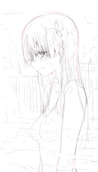 1girl absurdres breasts closed_mouth commentary_request flower hair_flower hair_ornament highres long_hair looking_at_viewer medium_breasts musaki_(msaki666) nude onsen saten_ruiko sideways_glance sketch standing toaru_kagaku_no_railgun toaru_majutsu_no_index water water_censor