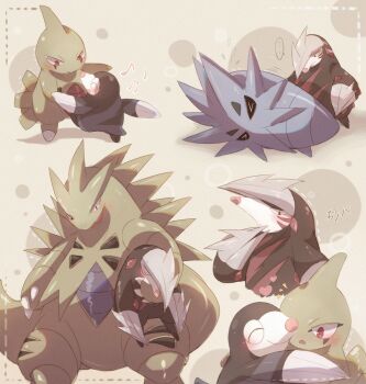 &gt;_&lt; ... blush claws closed_eyes closed_mouth commentary_request dancing drilbur evolutionary_line excadrill fangs flying_sweatdrops gen_2_pokemon gen_5_pokemon heart holding holding_pokemon hug larvitar lying musical_note nintendo no_humans notice_lines on_side open_mouth pokemon pokemon_(creature) pokemon_focus progression pupitar red_eyes shixiexiaomo smile spoken_ellipsis sweat translation_request tyranitar v-shaped_eyes