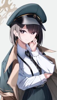 1girl belt blue_archive brown_eyes brown_hair coat diagonal-striped_clothes diagonal-striped_necktie halo hand_on_own_face hat highres hiromi_(blue_archive) light_smile looking_at_viewer necktie open_clothes open_coat pants peaked_cap pinstripe_pants pinstripe_pattern rubisco shirt striped_clothes suspenders white_shirt