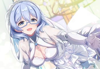 Rule 34 | 1girl, blue-framed eyewear, blue eyes, blue hair, breasts, cinderella series, cleavage, commentary request, detached sleeves, dress, gloves, hachigatsu no cinderella nine, hase maria, large breasts, open mouth, sarada (tansan 140), solo, veil, wedding dress, white dress, white gloves