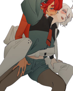 2girls absurdres asticassia_school_uniform black_pantyhose blush bodysuit clothes_lift green_jacket green_shorts grey_eyes gundam gundam_suisei_no_majo hand_on_another&#039;s_thigh hand_under_clothes hand_under_shirt highres jacket long_hair long_sleeves miorine_rembran multiple_girls necktie open_mouth pantyhose red_bodysuit red_hair red_necktie school_uniform shirt shirt_lift shorts simple_background snapagi suletta_mercury sweat thick_eyebrows white_background white_hair yuri