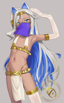 1girl animal_ears aqua_eyes arabian_clothes armlet blue_hair cat_ears circlet colored_inner_hair dancer dark-skinned_female dark_skin elbow_gloves flat_chest gloves harem_outfit head_chain jewelry loli long_hair looking_at_viewer mole mole_under_eye mouth_veil multicolored_hair ohlia original pelvic_curtain revealing_clothes single_thighhigh solo thighhighs thighs two-tone_hair veil very_long_hair white_hair