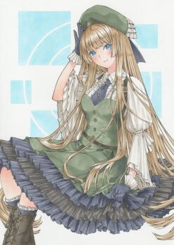 1girl arm_up beret blonde_hair blue_eyes bodice boots commentary_request feet_out_of_frame gloves green_hat green_skirt grey_gloves hat highres invisible_chair layered_skirt long_hair long_sleeves looking_at_viewer marker_(medium) meeya multicolored_skirt original sitting skirt solo straight_hair traditional_media two-tone_background very_long_hair wide_sleeves