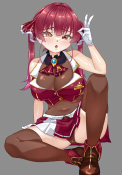 Rule 34 | 1girl, ankle boots, ascot, black choker, boots, breasts, brown boots, brown thighhighs, choker, cleavage, commentary request, cropped jacket, frilled choker, frills, gloves, hair ribbon, heterochromia, highres, hololive, houshou marine, houshou marine (1st costume), jacket, large breasts, leotard, leotard under clothes, long hair, looking at viewer, open mouth, red ascot, red eyes, red hair, red jacket, red ribbon, ribbon, rorol reime, sleeveless, sleeveless jacket, thighhighs, twintails, virtual youtuber, white gloves, yellow eyes