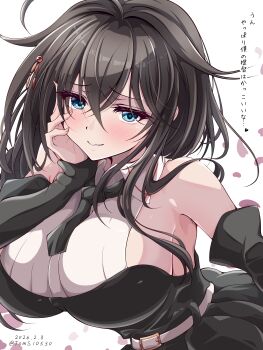 Rule 34 | 1girl, absurdres, belt, black dress, black hair, black necktie, blue eyes, collared shirt, commentary request, detached sleeves, dress, dress shirt, hair flaps, hand on own face, highres, kantai collection, long hair, necktie, official alternate costume, shigure (kancolle), shigure (yokosuka) (kancolle), shigure kai san (kancolle), shirt, simple background, solo, toms, translation request, upper body, white background, white belt, white shirt