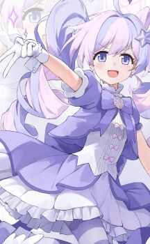 1girl absurdres ahoge back_bow blue_archive bow bowtie commentary_request dress drill_hair frilled_skirt frills gloves gyaru_v hair_ornament halo highres jacket long_hair looking_at_viewer magical_girl multicolored_hair open_mouth pantyhose pink_bow pink_hair pink_halo puffy_short_sleeves puffy_sleeves purple_bow purple_bowtie purple_dress purple_eyes purple_hair purple_jacket purple_pantyhose purple_skirt reisa_(blue_archive) reisa_(magical)_(blue_archive) shirt short_dress short_sleeves skirt smile solo sparkle star_(symbol) star_hair_ornament star_halo striped_clothes striped_pantyhose twin_drills two-tone_hair v v-shaped_eyebrows white_gloves white_shirt yoshiharu_auf zoom_layer